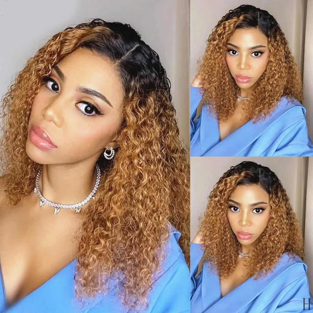 Sleek Curly Human Hair Wig | Brown Highlights | 13x1 T Part Lace Wig | Brazilian Remy Hair | Water Wave Luxegan