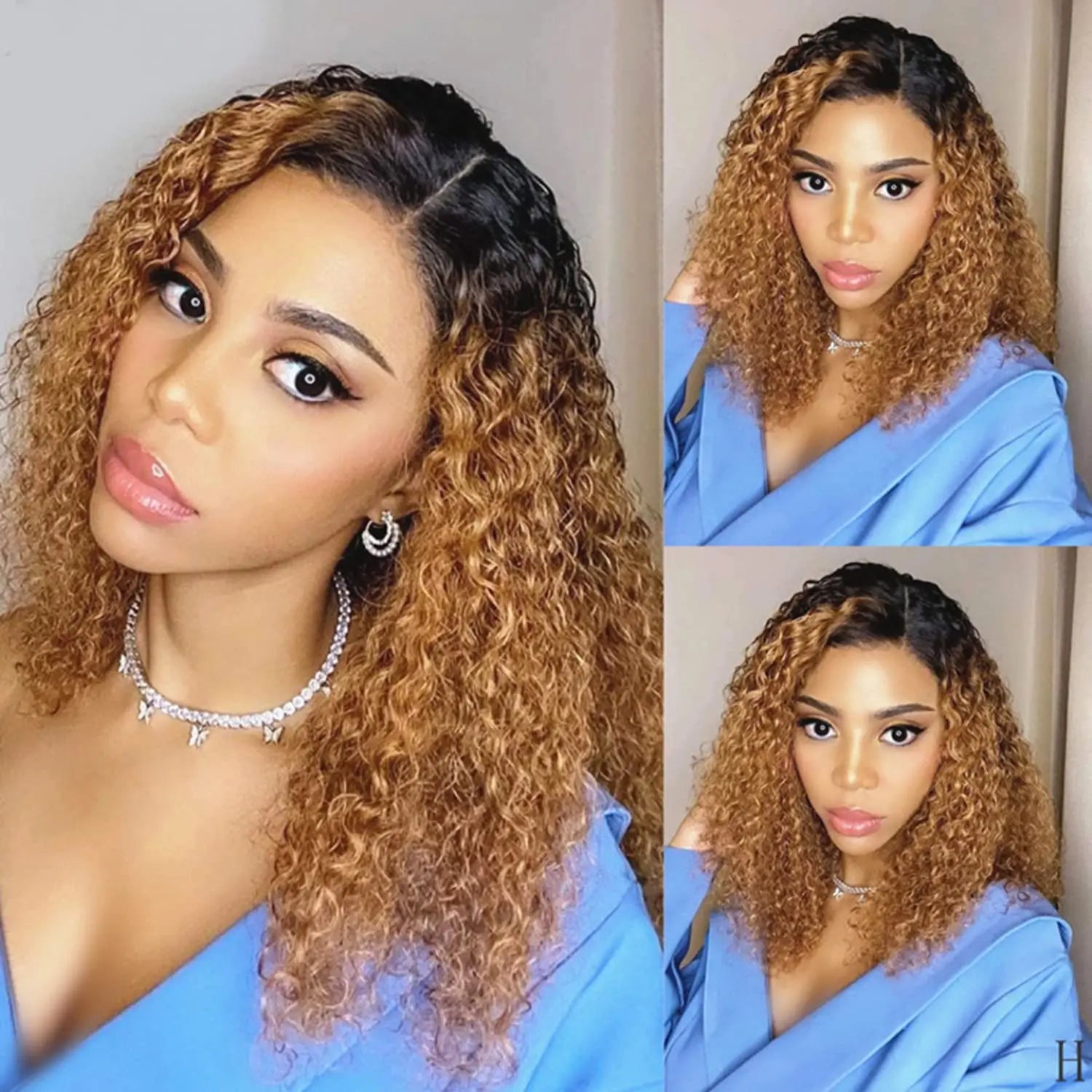 Sleek Curly Human Hair Wig | Brown Highlights | 13x1 T Part Lace Wig | Brazilian Remy Hair | Water Wave Luxegan