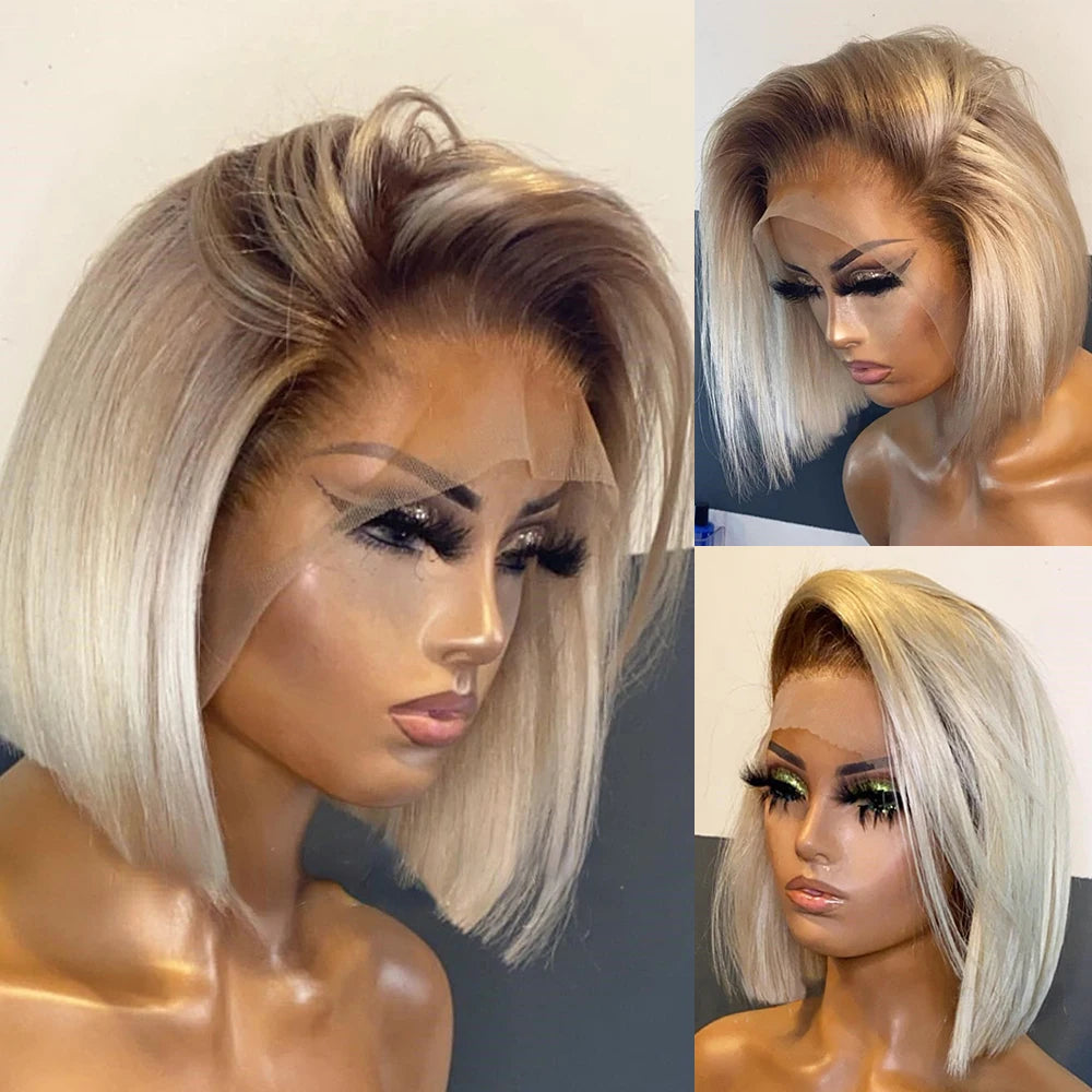 13x6 Blonde Ombre Human Hair Wigs For Women Short Straight Bob Lace Front Wig With Roots 13x4 HD Transparent Lace Remy Hair Wig The Hair Plug