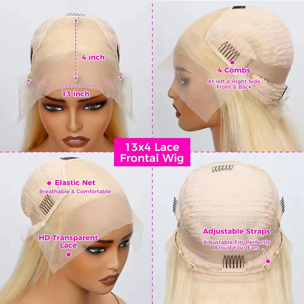 613 Blonde Short Bob Wig 13x4 HD Transparent Lace Frontal Wig Straight Hair Wig 100% Human Hair Wig 180 Density For Women The Hair Plug