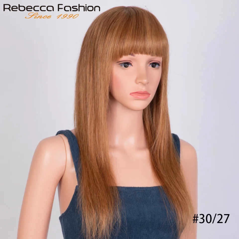 Honey Blonde Color#27/613 Straight Human Hair Wig With Bangs Highlight P4/27 For Women Brazilian Remy Hair Colored Glueless Wigs The Hair Plug