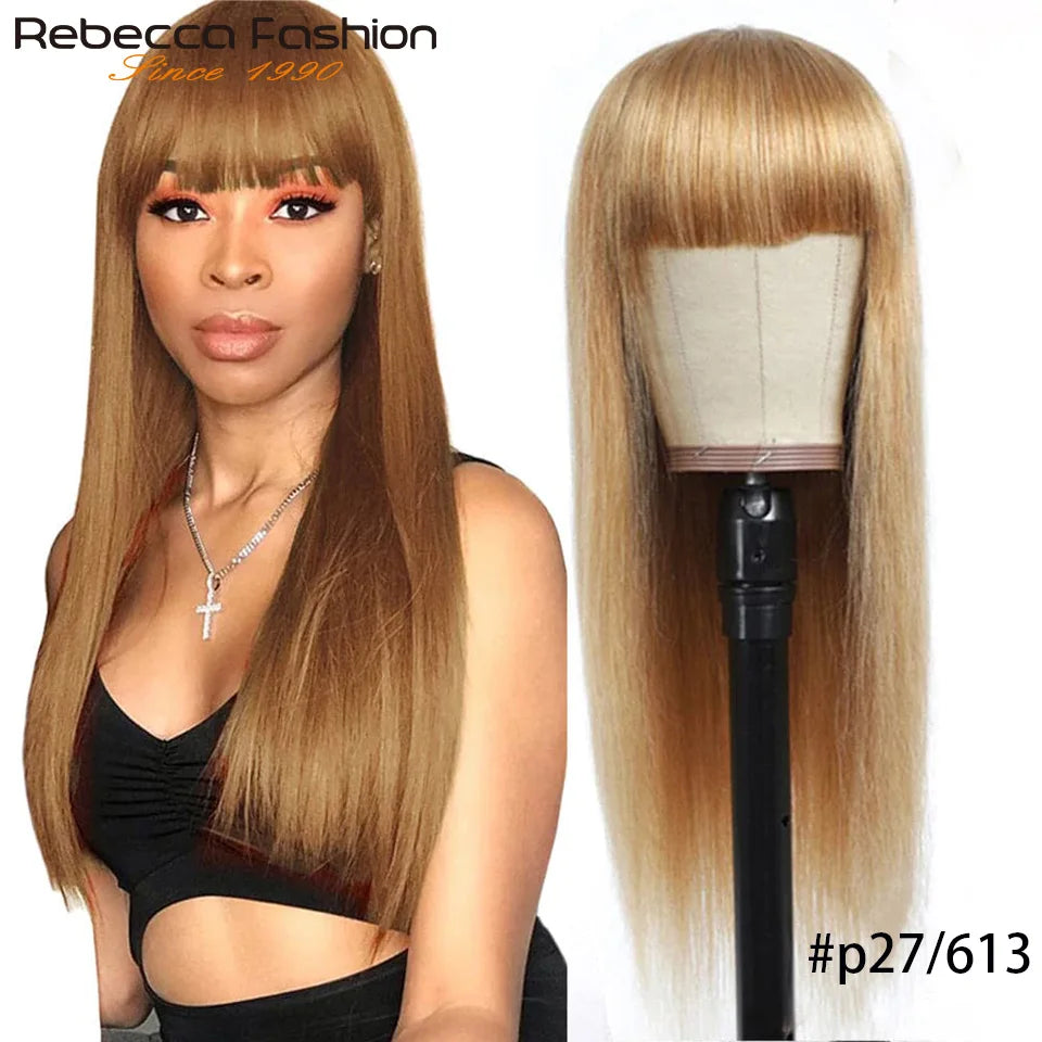 Honey Blonde Color#27/613 Straight Human Hair Wig With Bangs Highlight P4/27 For Women Brazilian Remy Hair Colored Glueless Wigs The Hair Plug