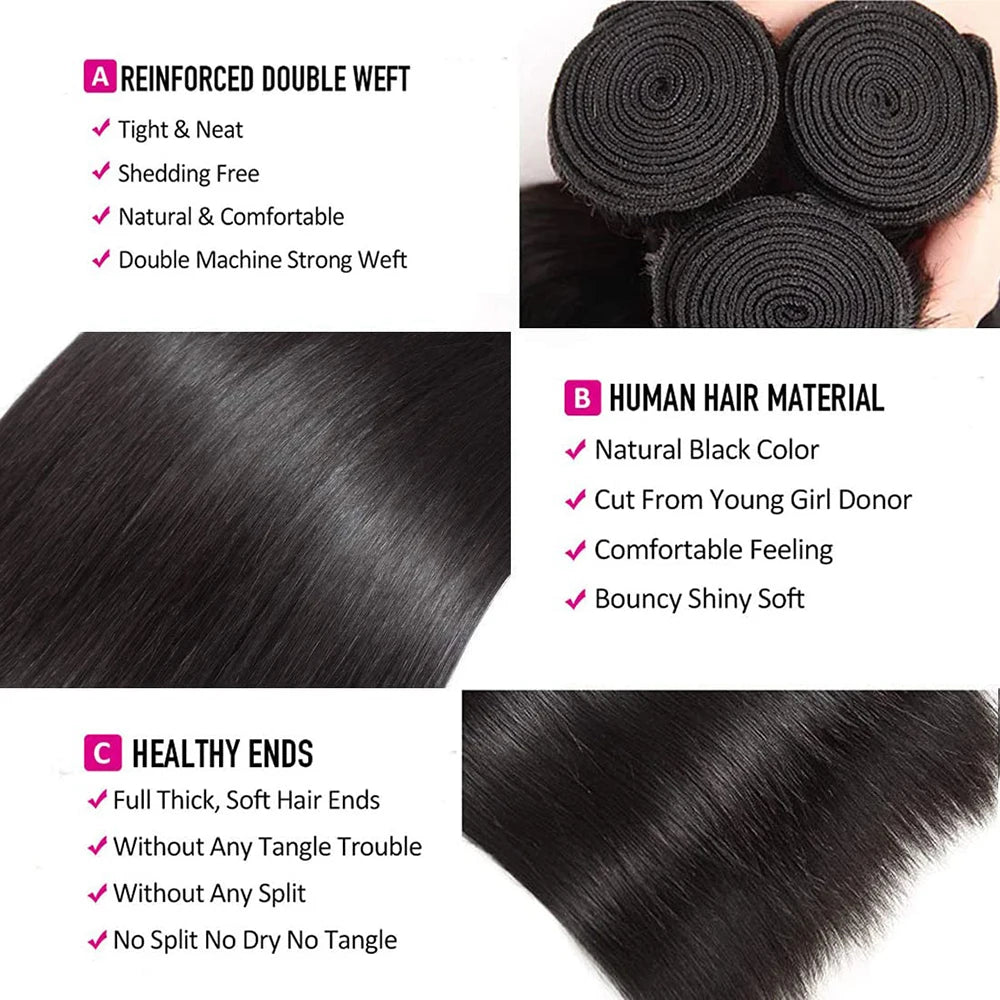 Straight Human Hair Bundles 14A  Remy Raw Virgin Jupade Extensions Bundle, Natural Black 10-30 Inch The Hair Plug