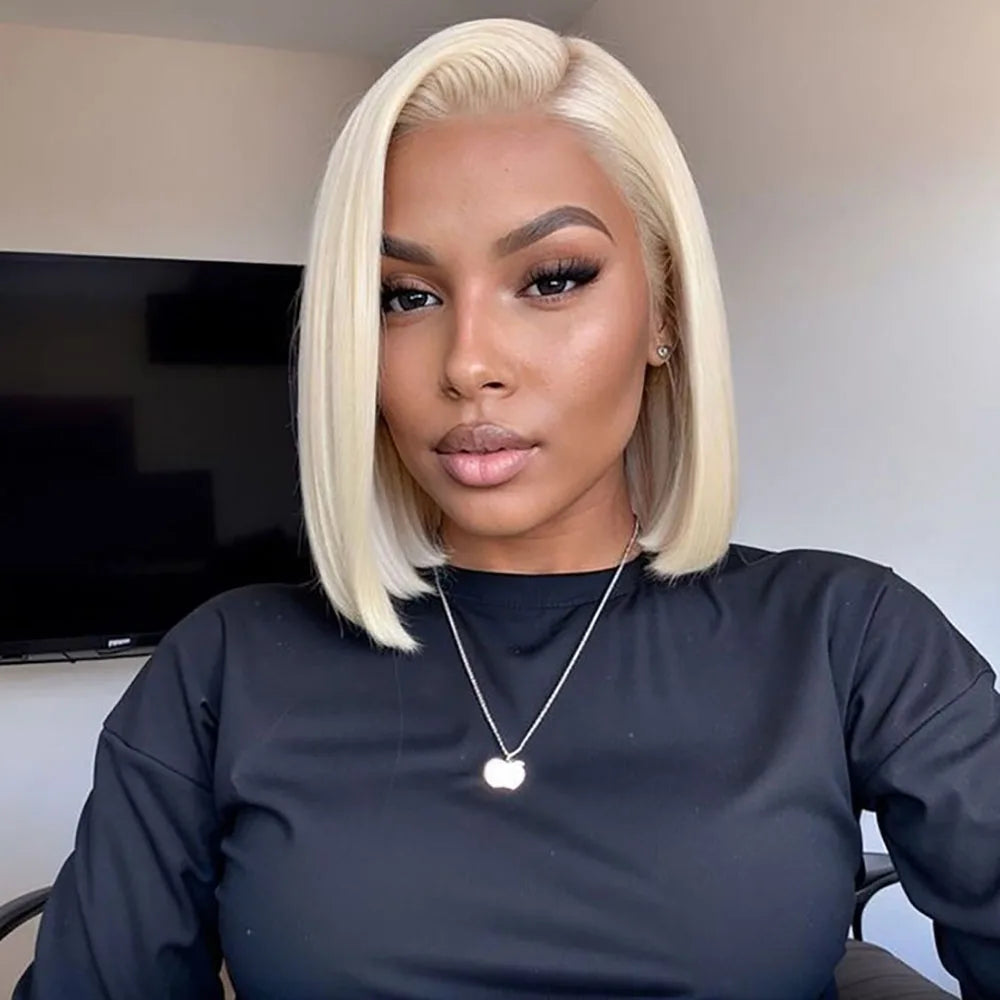 613 Blonde Short Bob Wig 13x4 HD Transparent Lace Frontal Wig Straight Hair Wig 100% Human Hair Wig 180 Density For Women The Hair Plug