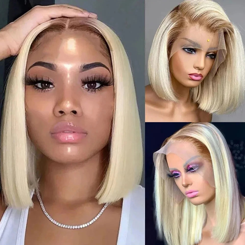 13x6 Blonde Ombre Human Hair Wigs For Women Short Straight Bob Lace Front Wig With Roots 13x4 HD Transparent Lace Remy Hair Wig The Hair Plug