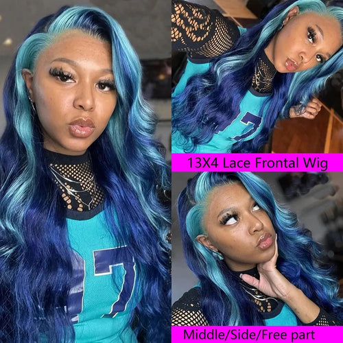 13x4 Lace Front Wig Blue Body Wave Wig Natural Highlight Blue Streak Wave Wigs for Womenen Synthetic Glueless Wigs Daily Dropshipman