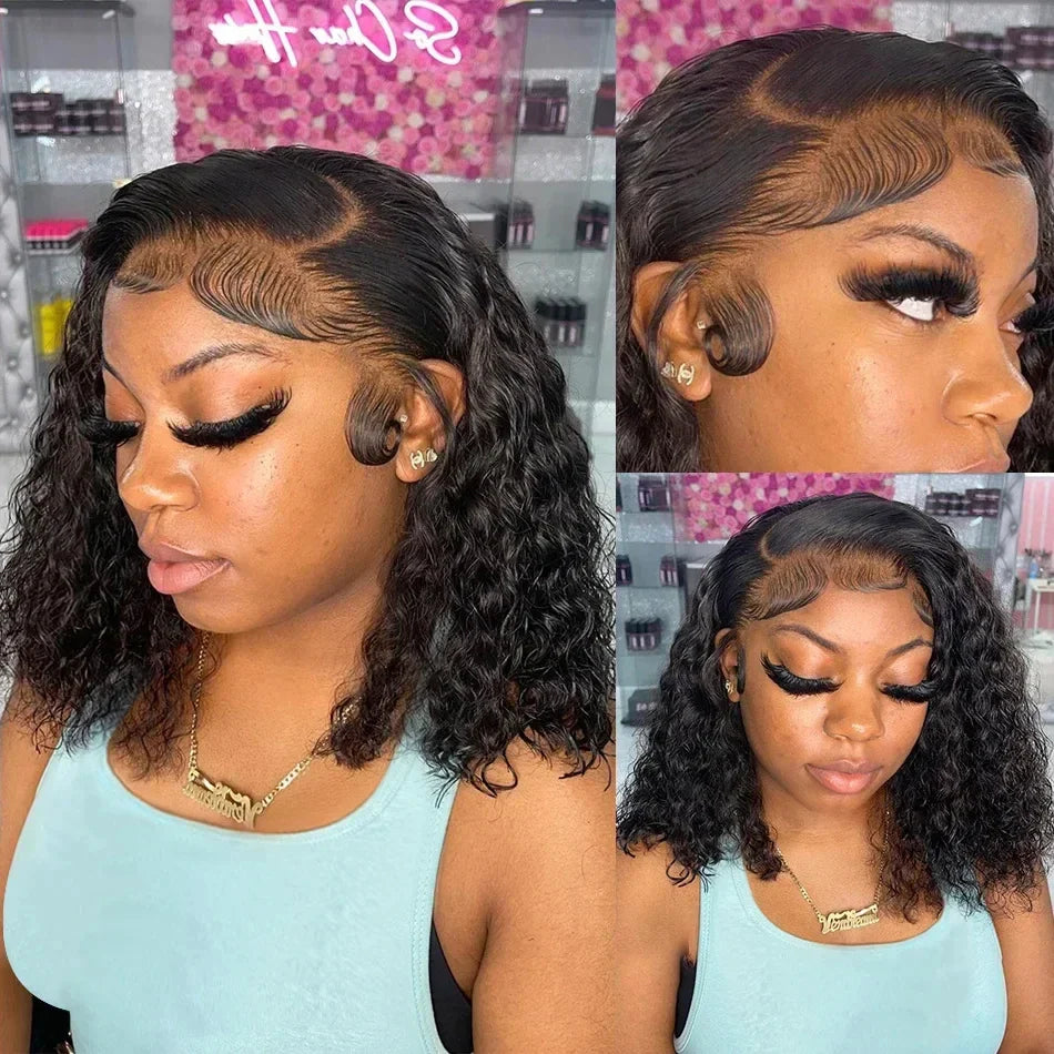 200% Density Short Curly Bob Wigs 13x4 Lace Front 4x4 Closure Deep Wave Brazilian Remy Human Hair 14 Inch Luxegan