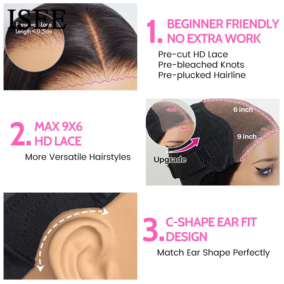 ISEE Hair 9X6  Burmese Curly Glueless Wigs Natural Black Pre Bleached Human Hair  Wig M-Cap Wear Can Go Wig Pre Cut Lace The Hair Plug