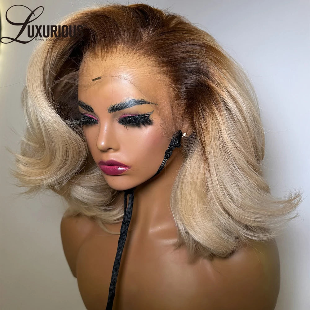 #4/613 Blonde Short Bob Human Hair Wigs For Women 13x6 Lace Wig Human Hair 13x4 Transparent Lace Wig Ombre Honey Blonde Wig 200% The Hair Plug