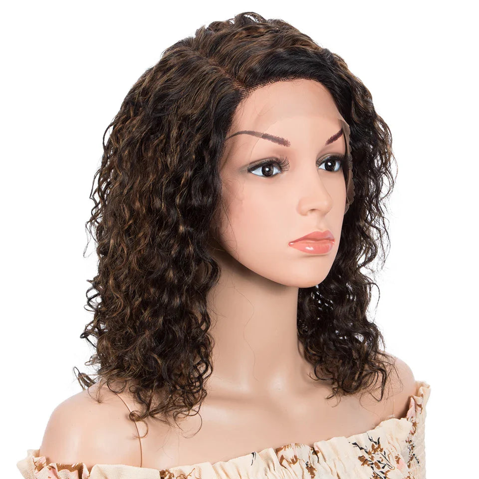 Sleek Curly Human Hair Wig | Brown Highlights | 13x1 T Part Lace Wig | Brazilian Remy Hair | Water Wave Luxegan
