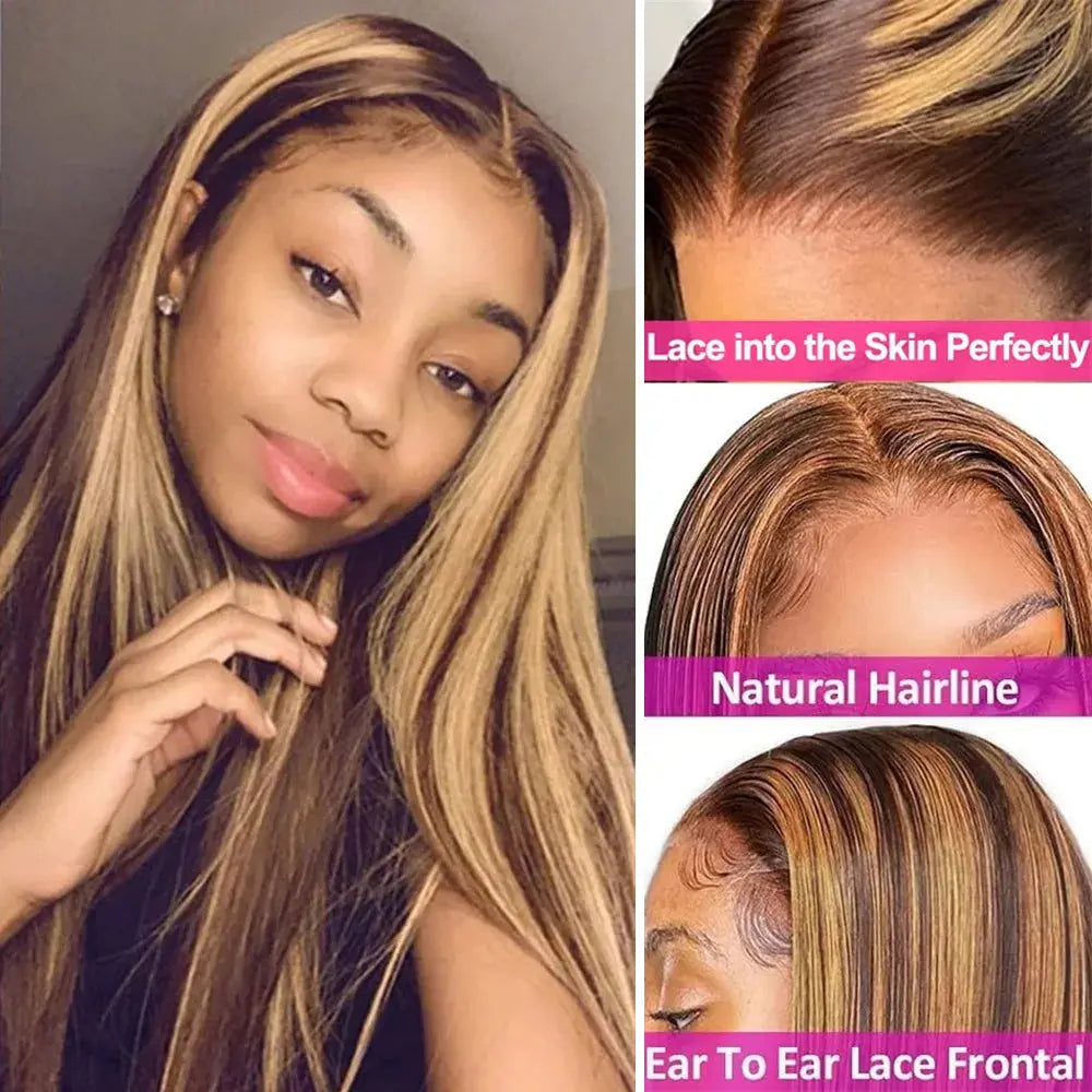 HD 13x6 Highlight Wig Human Hair Glueless Vietnamese Super Double Drown Bone Silk Straight Lace Frontal Wig Brown Lace Front Wig FJsuprise Store