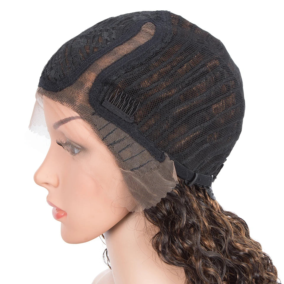 Sleek Curly Human Hair Wig | Brown Highlights | 13x1 T Part Lace Wig | Brazilian Remy Hair | Water Wave Luxegan