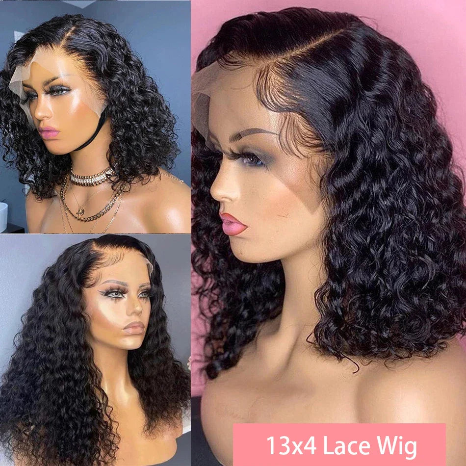 200% Density Short Curly Bob Wigs 13x4 Lace Front 4x4 Closure Deep Wave Brazilian Remy Human Hair 14 Inch Luxegan