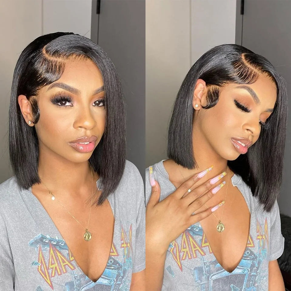 Glueless 13x4 Straight Lace Front Bob Wig Pre-Plucked 4x4 Closure Brazilian Remy Human Hair Bone Straight Short Bob Luxegan