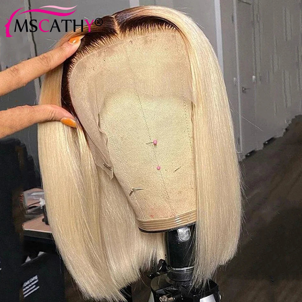 13x6 Blonde Ombre Human Hair Wigs For Women Short Straight Bob Lace Front Wig With Roots 13x4 HD Transparent Lace Remy Hair Wig The Hair Plug