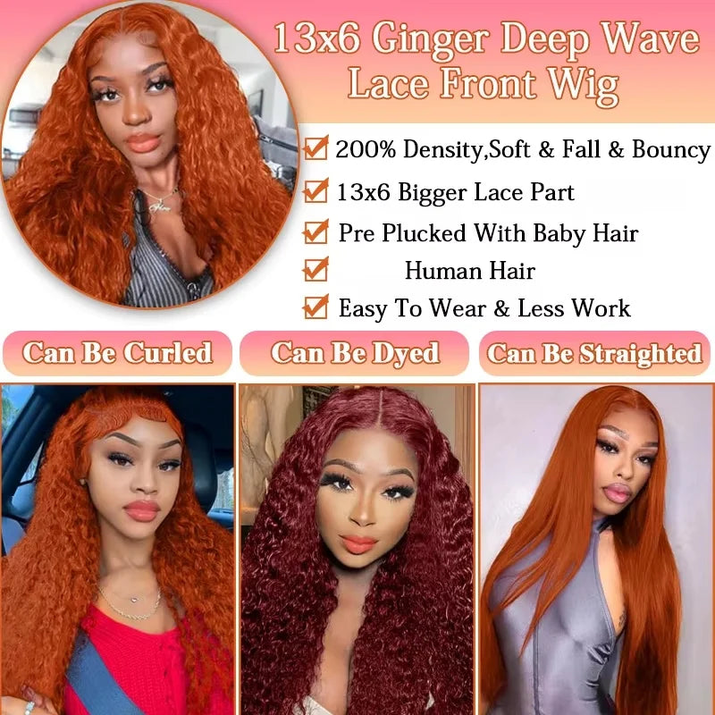 350 Ginger Curly Human Hair Wig 13x6 Lace Front Wigs Human Hair Deep Wave 13x4 Lace Frontal Wig Colored Pre Plucked Brazilian