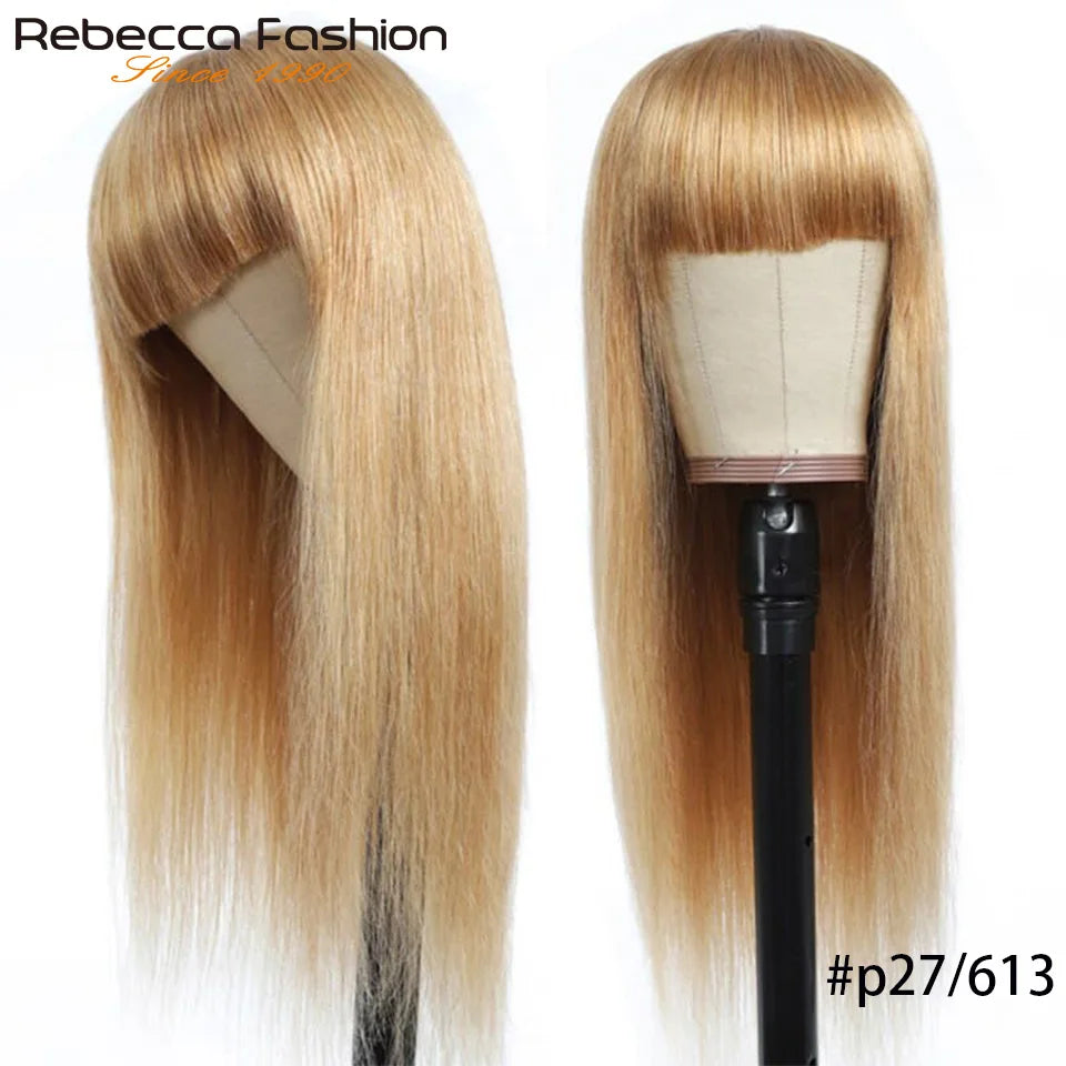 Honey Blonde Color#27/613 Straight Human Hair Wig With Bangs Highlight P4/27 For Women Brazilian Remy Hair Colored Glueless Wigs The Hair Plug