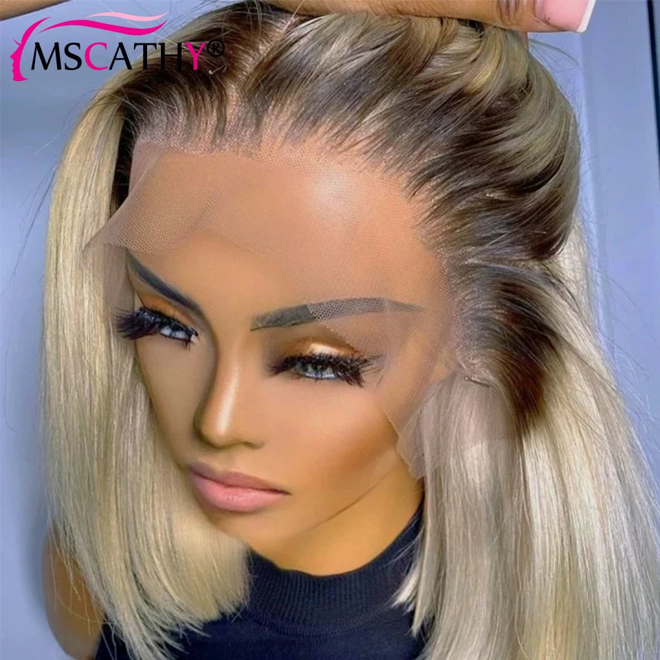 13x6 Blonde Ombre Human Hair Wigs For Women Short Straight Bob Lace Front Wig With Roots 13x4 HD Transparent Lace Remy Hair Wig The Hair Plug