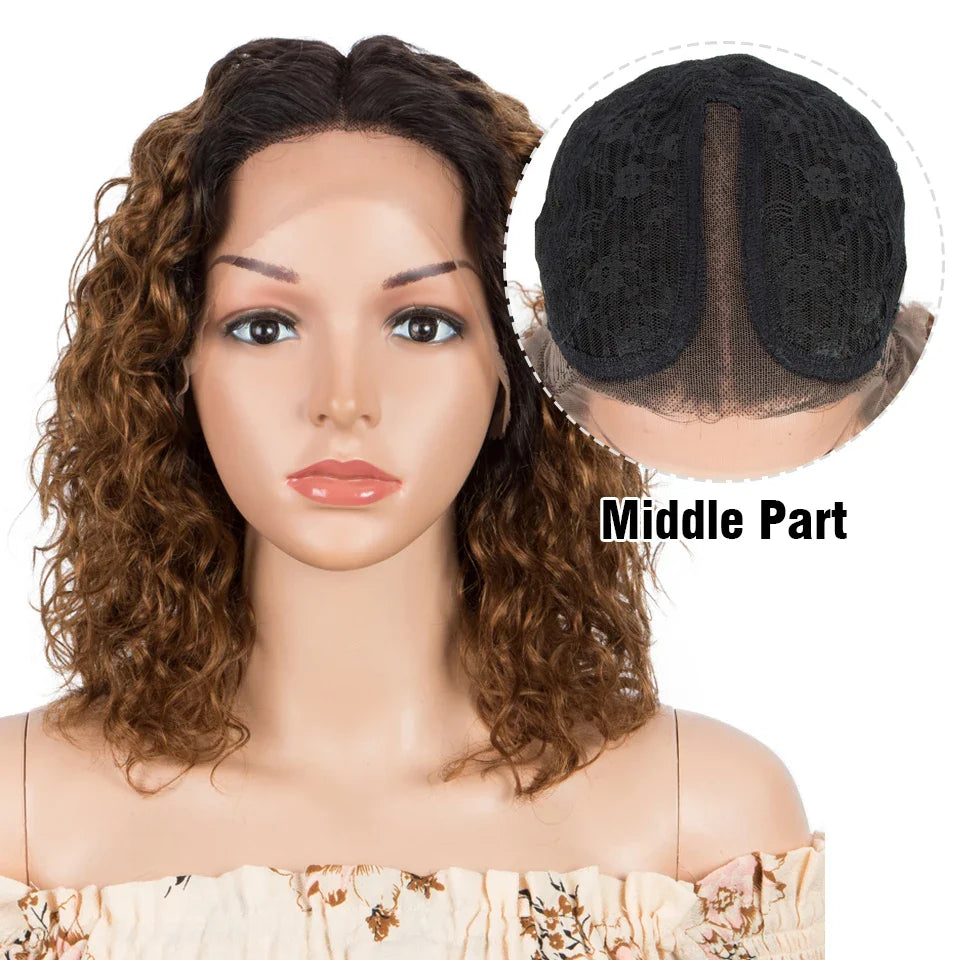 Sleek Curly Human Hair Wig | Brown Highlights | 13x1 T Part Lace Wig | Brazilian Remy Hair | Water Wave Luxegan