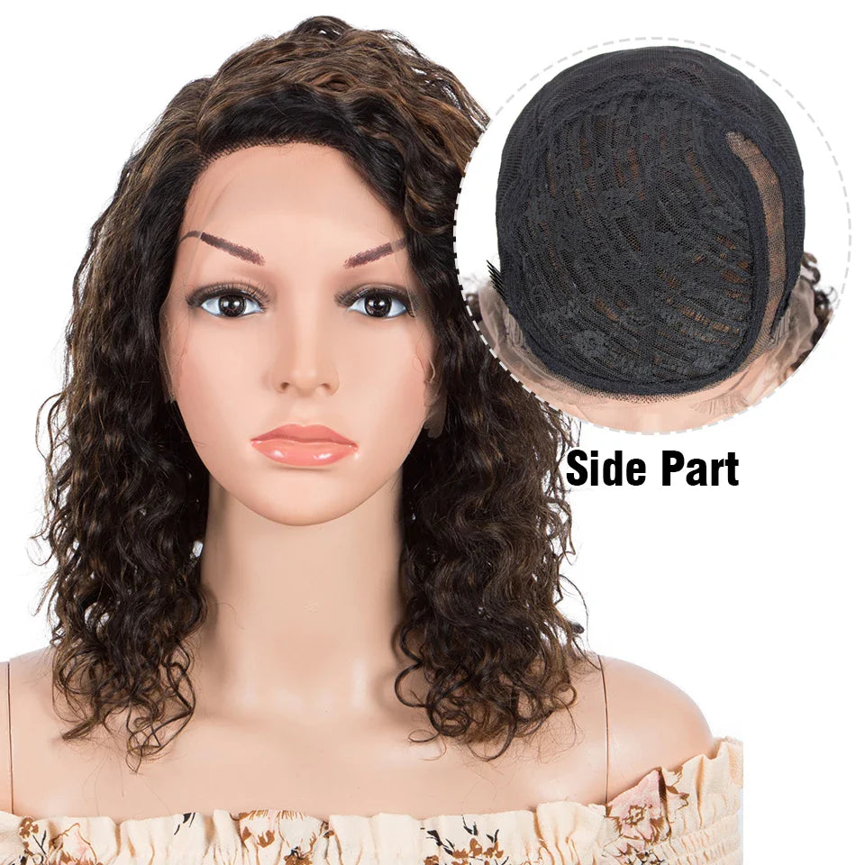 Sleek Curly Human Hair Wig | Brown Highlights | 13x1 T Part Lace Wig | Brazilian Remy Hair | Water Wave Luxegan