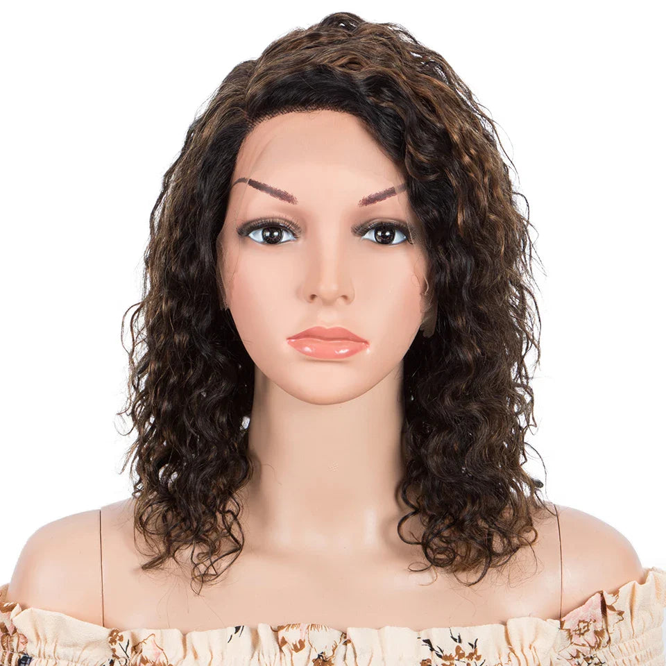 Sleek Curly Human Hair Wig | Brown Highlights | 13x1 T Part Lace Wig | Brazilian Remy Hair | Water Wave Luxegan