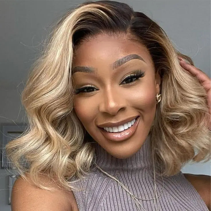 Honey Blonde Wavy Lace Front Wig with Shadow Roots | HD Lace Human Hair Wig | Multi-Parting Luxegan