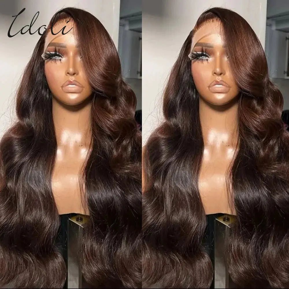 13x6 Chocolate Brown Body Wave Lace Front Wig Transparent Lace Frontal Wig Human Hair Preplucked Colored Human Hair Wigs 180% idoli hair Official Store