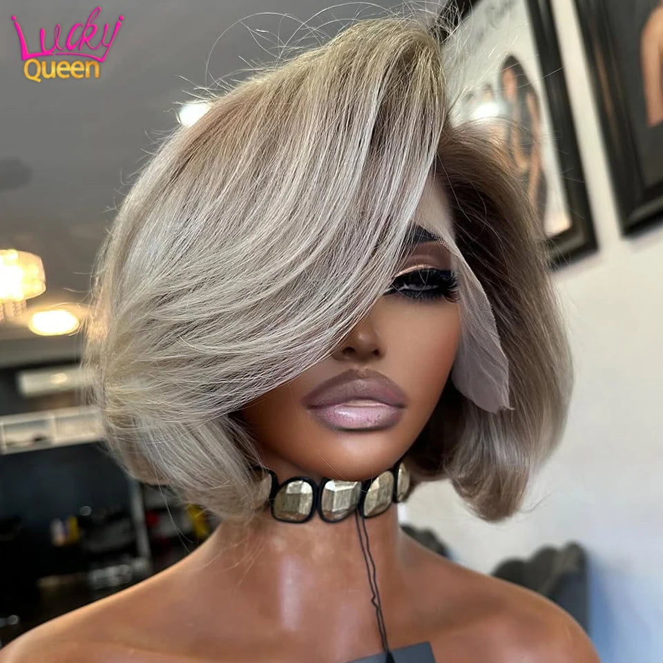 Light Gray Blonde With Brown Roots Short Bob Wig 180 Density Pre-Plucked 13x4 Lace Frontal Human Hair Wigs For Women Straight The Hair Plug