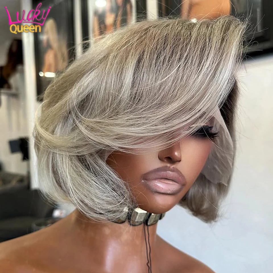 Light Gray Blonde With Brown Roots Short Bob Wig 180 Density Pre-Plucked 13x4 Lace Frontal Human Hair Wigs For Women Straight The Hair Plug