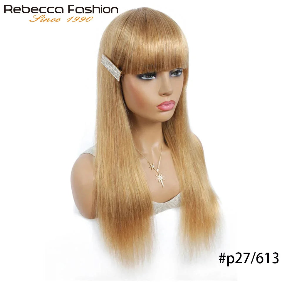 Honey Blonde Color#27/613 Straight Human Hair Wig With Bangs Highlight P4/27 For Women Brazilian Remy Hair Colored Glueless Wigs The Hair Plug
