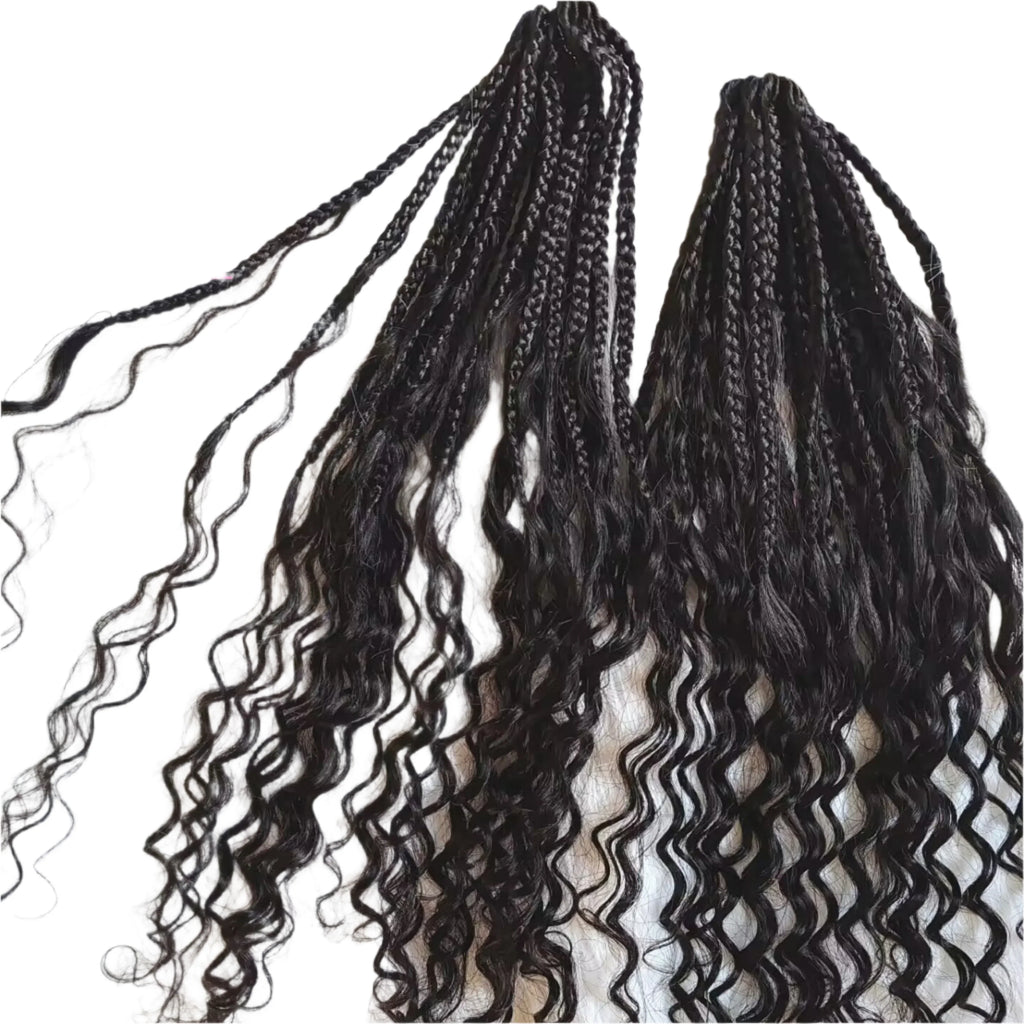 30" Crochet Boho Box Braids | Human Hair Curly Ends | Pre-Looped | Brazilian Remy Hair Extensions Luxegan