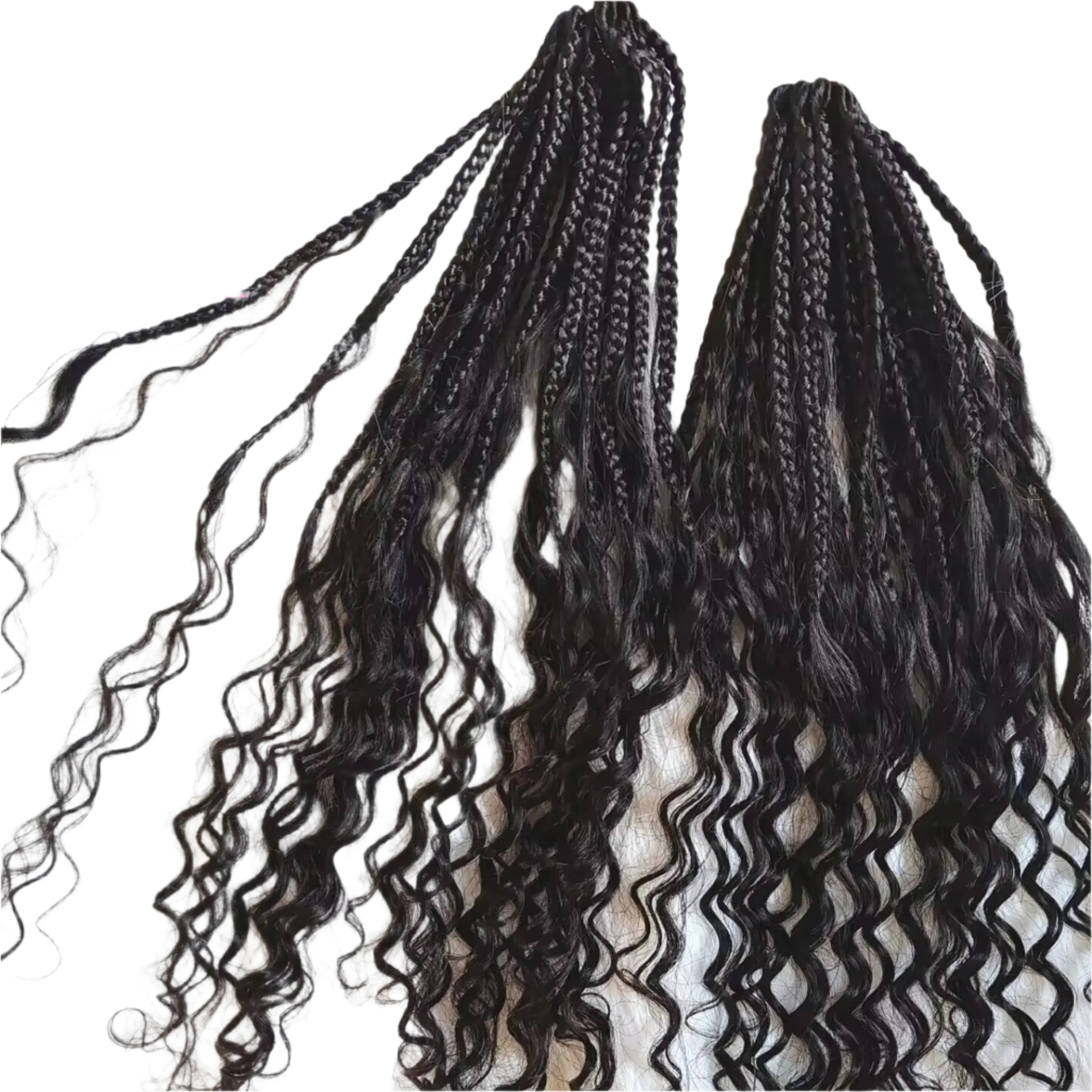 30" Crochet Boho Box Braids | Human Hair Curly Ends | Pre-Looped | Brazilian Remy Hair Extensions Luxegan