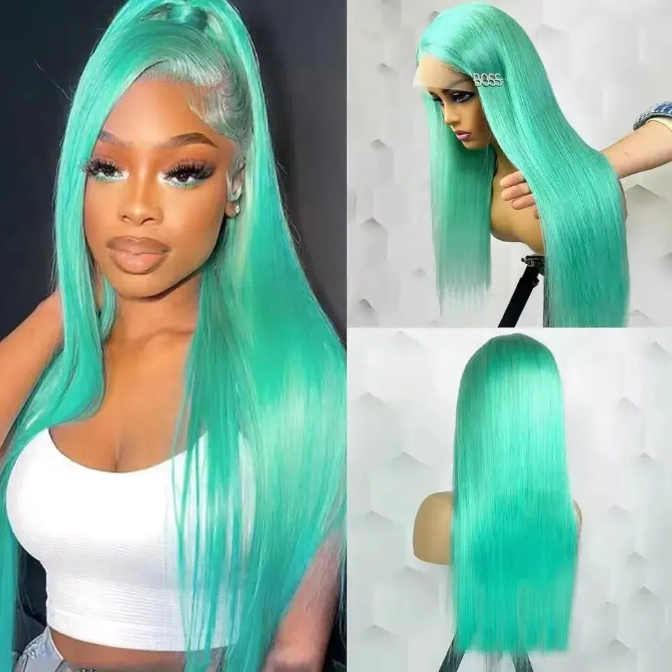 Mint Green Colored Straight Burmese Human Hair Wig 13x6 HD Transparent Lace Front Wig Pre Plucked 4x4 Lace Closure Wig for Women Dropshipman