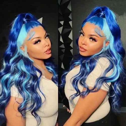 13x4 Lace Front Wig Blue Body Wave Wig Natural Highlight Blue Streak Wave Wigs for Womenen Synthetic Glueless Wigs Daily Dropshipman