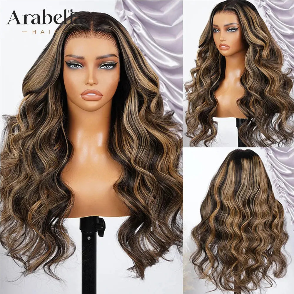 Arabella Hair Body Wave 13x6 Lace Frontal Human Hair Wigs Highlight Brown Color Glueless Wigs 6x5 Lace Closure 100% Human Hair Dropshipman