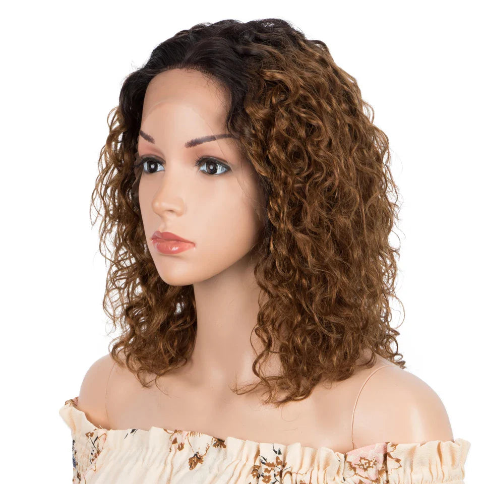 Sleek Curly Human Hair Wig | Brown Highlights | 13x1 T Part Lace Wig | Brazilian Remy Hair | Water Wave Luxegan