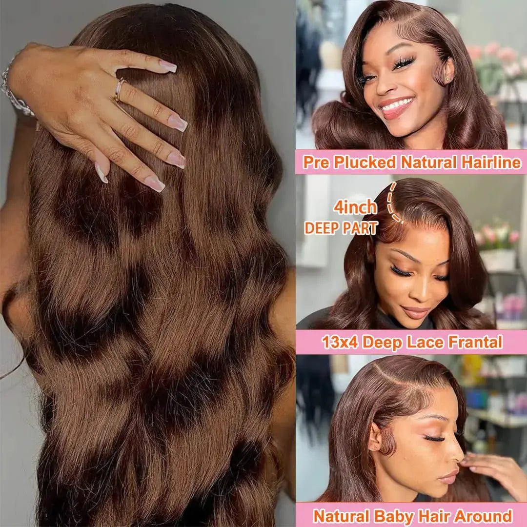 Chocolate Brown Body Wave Lace Front Wig Human Hair Pre-Plucked Brazilian Virgin Hair Bleached Knots HD Lace Frontal Wig Luxegan