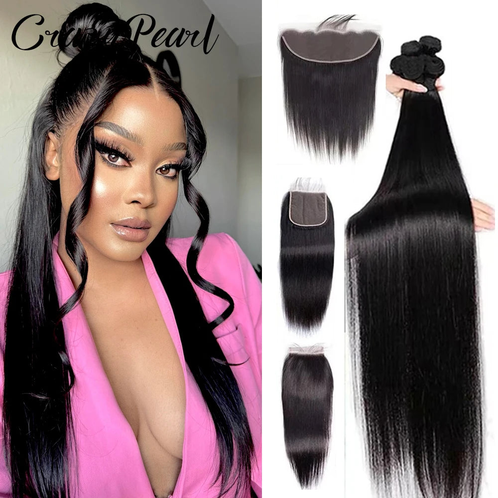 Human Hair Bundles with Frontal Straight Weave Human Hair with 13X4 HD Lace Frontal Closure Unprocessed Brazilian Virgin Hair The Hair Plug