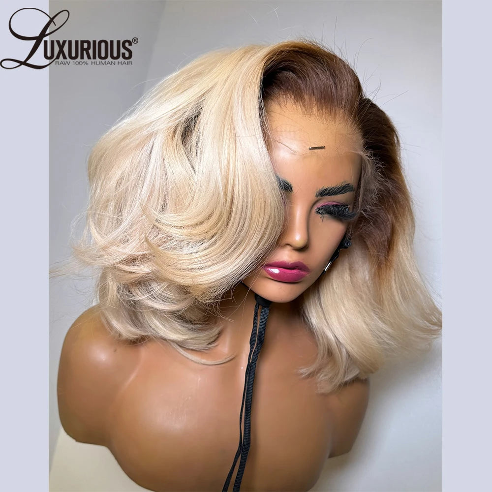 #4/613 Blonde Short Bob Human Hair Wigs For Women 13x6 Lace Wig Human Hair 13x4 Transparent Lace Wig Ombre Honey Blonde Wig 200% The Hair Plug