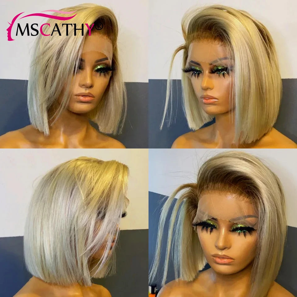 13x6 Blonde Ombre Human Hair Wigs For Women Short Straight Bob Lace Front Wig With Roots 13x4 HD Transparent Lace Remy Hair Wig The Hair Plug