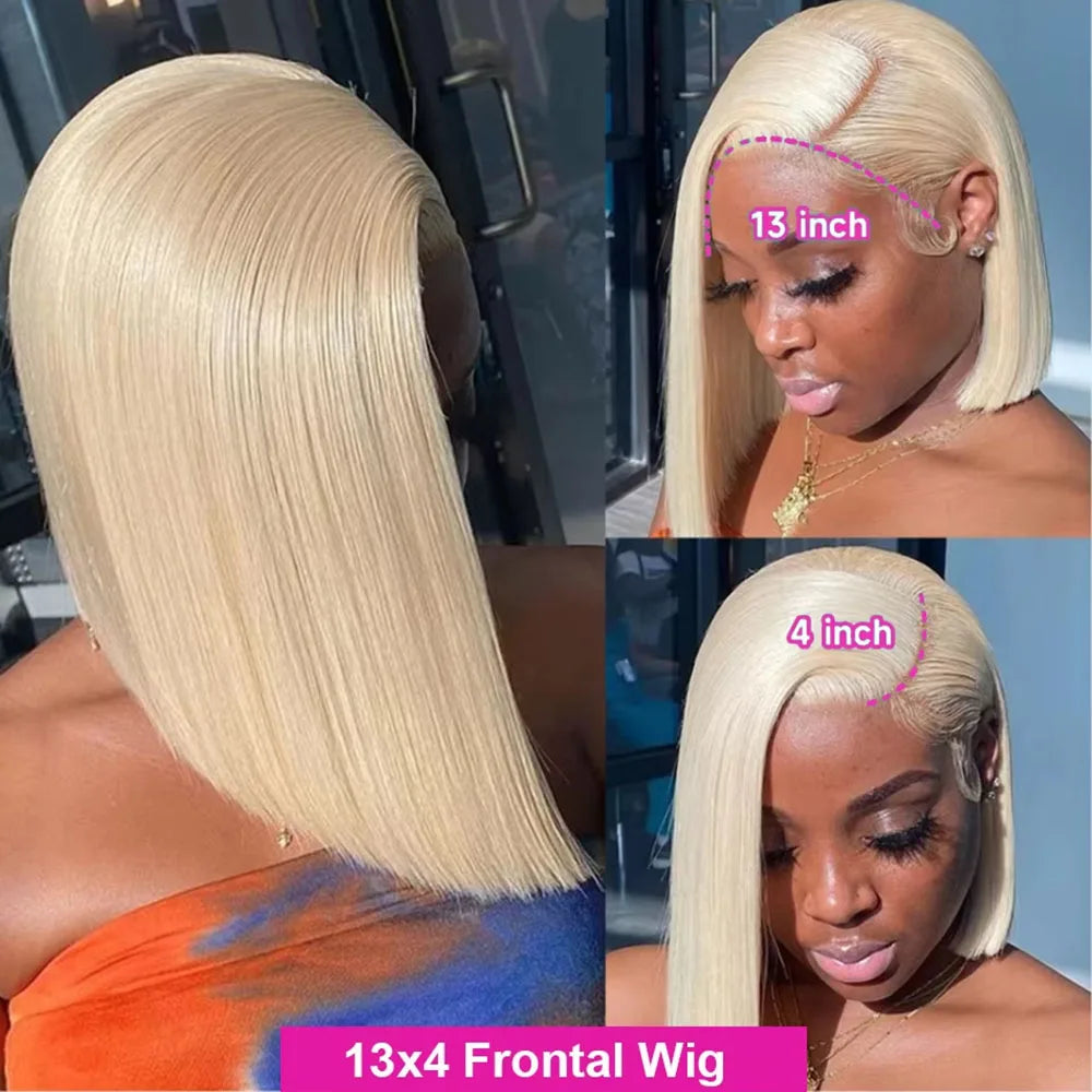 613 Blonde Short Bob Wig 13x4 HD Transparent Lace Frontal Wig Straight Hair Wig 100% Human Hair Wig 180 Density For Women The Hair Plug