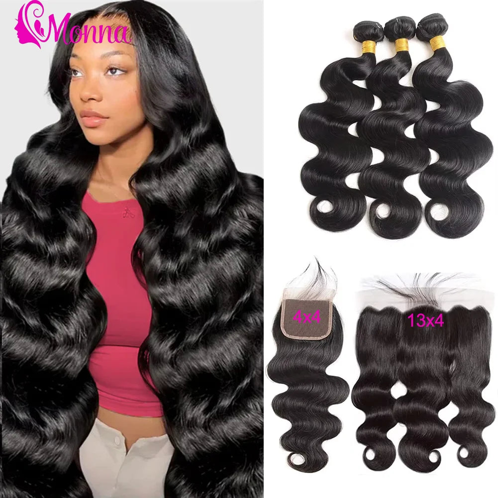 32 Inch Raw 100% Human Hair Bundles with Frontal Body Wave Human Hair Natural Black Raw Hair Bundles and Frontal For Extensions The Hair Plug