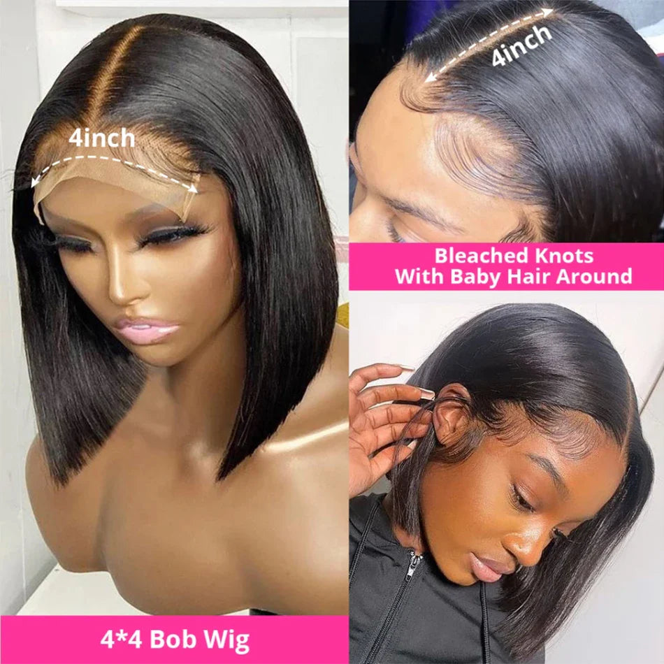 Glueless 13x4 Straight Lace Front Bob Wig Pre-Plucked 4x4 Closure Brazilian Remy Human Hair Bone Straight Short Bob Luxegan