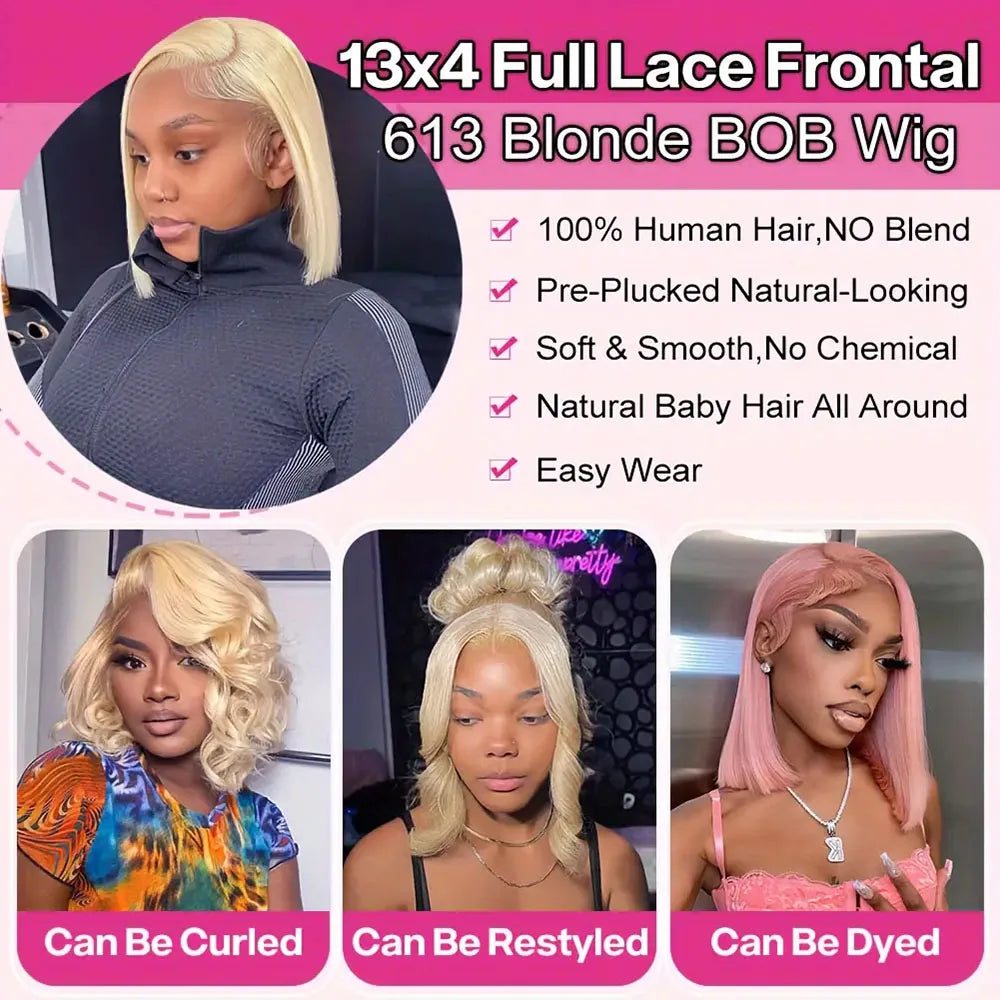 613 Blonde Short Bob Wig 13x4 HD Transparent Lace Frontal Wig Straight Hair Wig 100% Human Hair Wig 180 Density For Women The Hair Plug