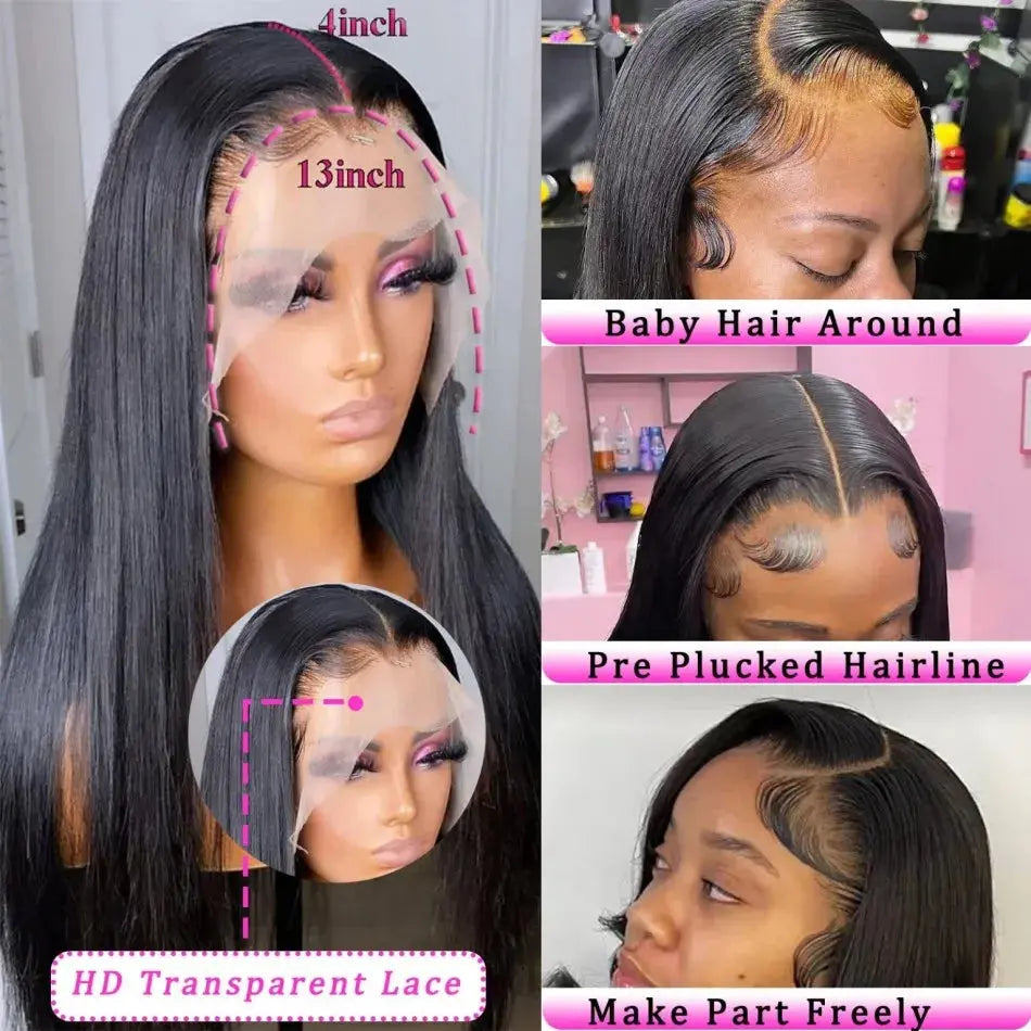 Straight Human Hair Wig Glueless 220 Density 13X6 Bone Straight Wig HD Transparent Lace Front Wig Natural Black For Women 40Inch Dropshipman