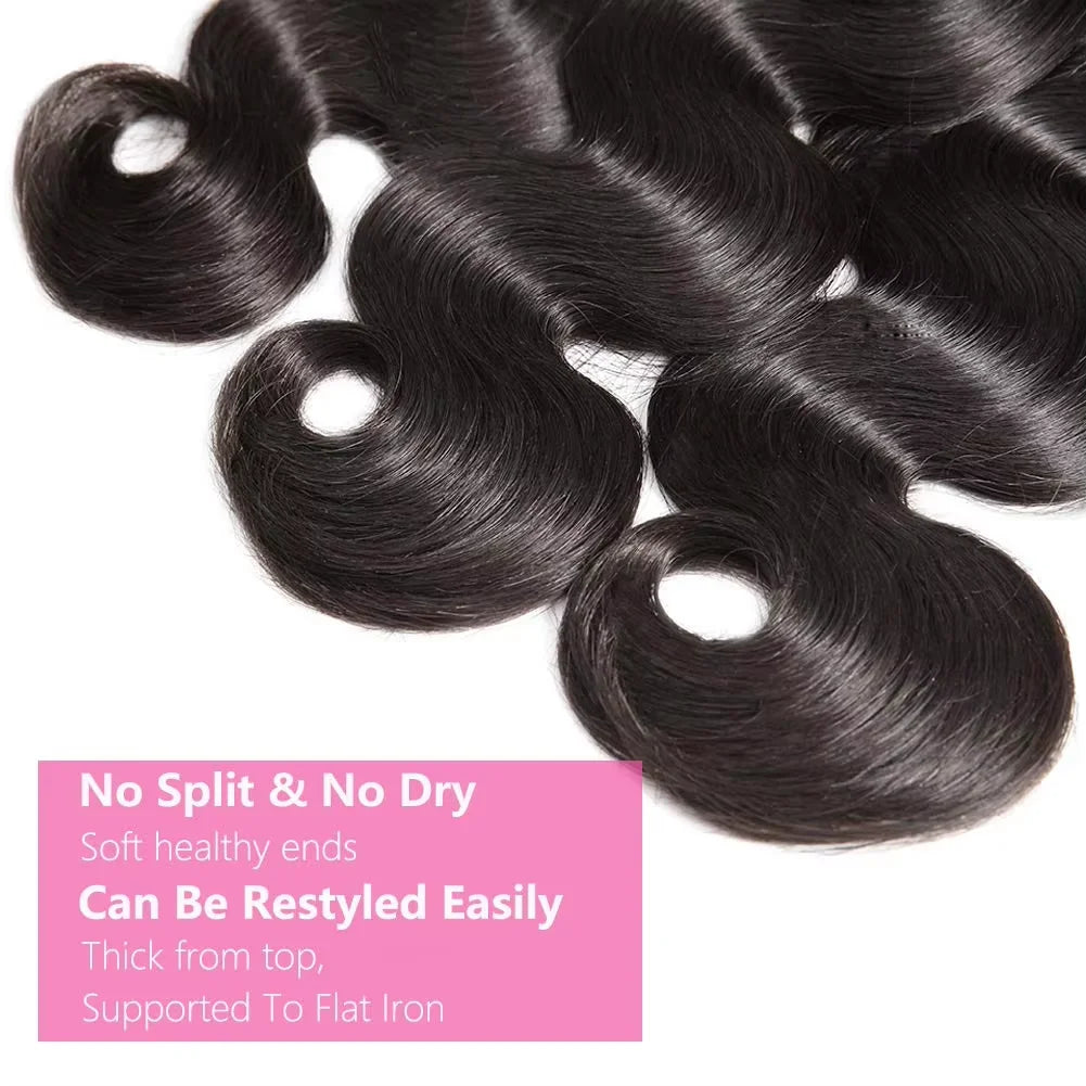 32 Inch Raw 100% Human Hair Bundles with Frontal Body Wave Human Hair Natural Black Raw Hair Bundles and Frontal For Extensions The Hair Plug