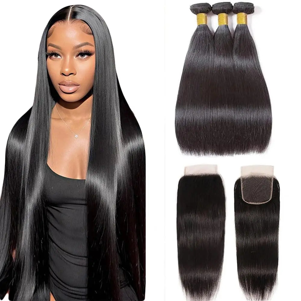 Human Hair Bundles with Closure 12A Straight Bundles Human Hair With Closure 100% Unprocessed Burmese Virgin Raw Hair Bundles The Hair Plug