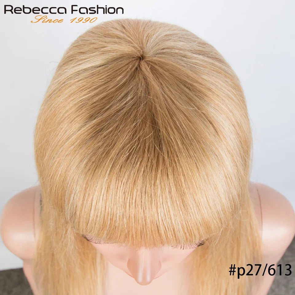 Honey Blonde Color#27/613 Straight Human Hair Wig With Bangs Highlight P4/27 For Women Brazilian Remy Hair Colored Glueless Wigs The Hair Plug