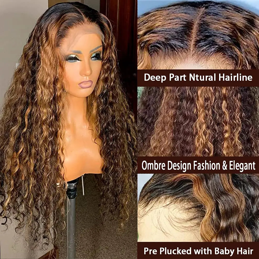 Sleek Curly Human Hair Wig | Brown Highlights | 13x1 T Part Lace Wig | Brazilian Remy Hair | Water Wave Luxegan