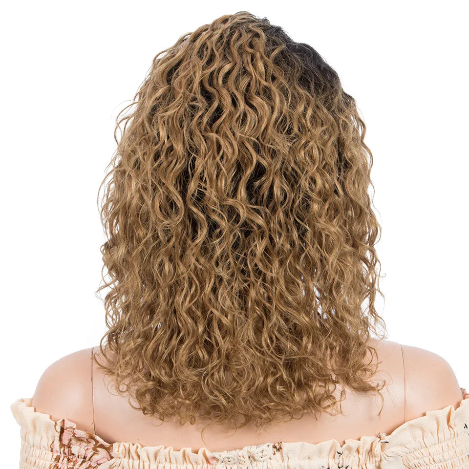 Sleek Curly Human Hair Wig | Brown Highlights | 13x1 T Part Lace Wig | Brazilian Remy Hair | Water Wave Luxegan